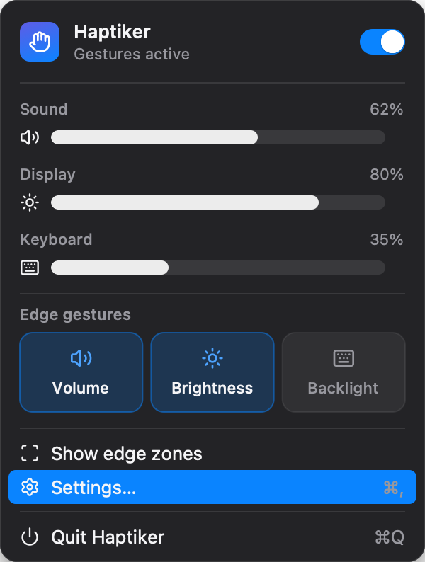 Haptiker menu bar menu with sound, display and keyboard levels