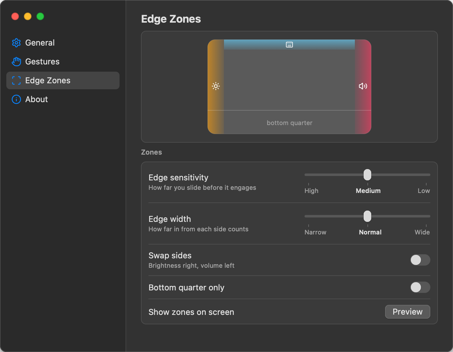 Haptiker settings window showing the Edge Zones pane
